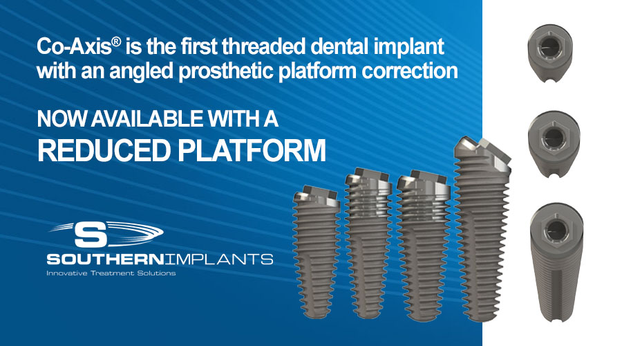 Co-Axis® is the first threaded dental implant with an angled prosthetic platform correction NOW AVAILABLE WITH A REDUCED PLATFORM